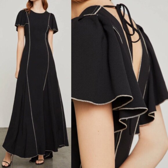 NWT BCBGMAXAZRIA Piped Cape Sleeve Maxi Dress Gown Black Size XXS - Picture 1 of 2